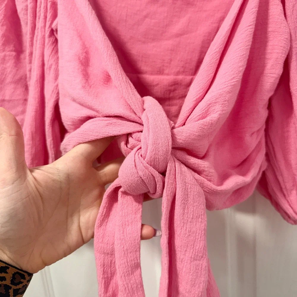 Free People Jens Pirate Booty Pink Puff Sleeve Crop Top Square Neck Smocked S